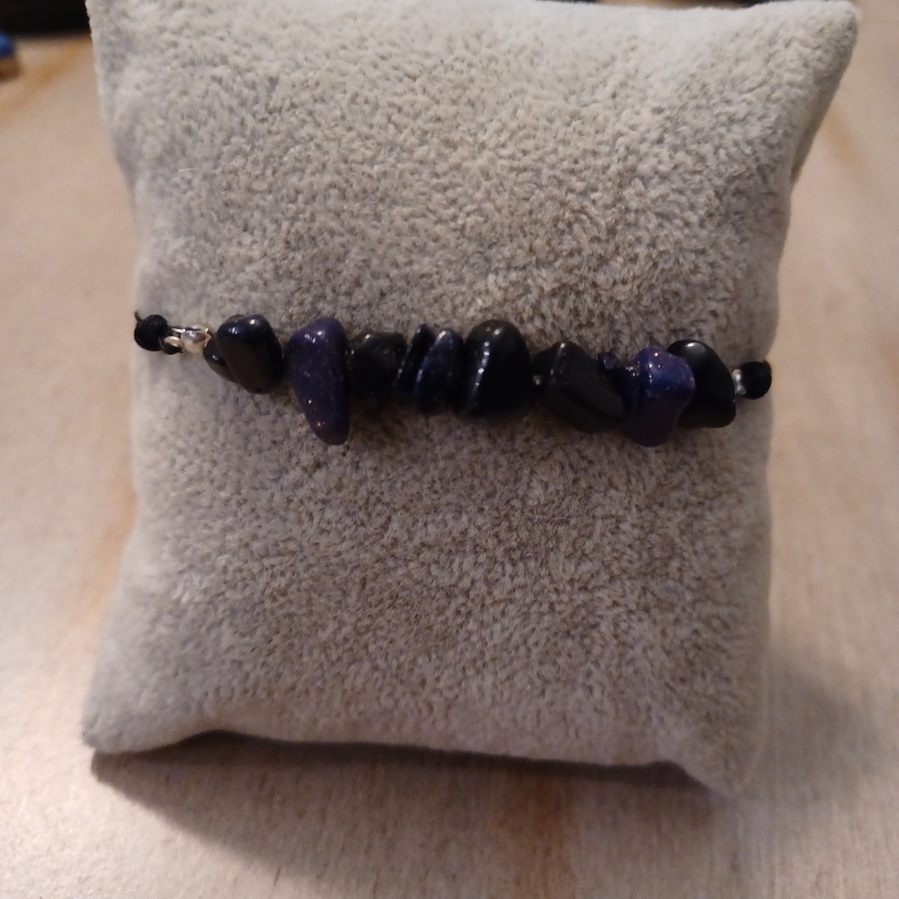 Blue Goldstone Chips Adjustable Cord Slider Bracelet